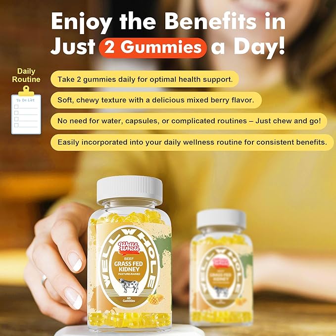Well&Whole Grass Fed Beef Kidney Gummies, DAO Enzyme & Histamine Balance Support Supplement, DAO-Rich Food 5:1 Bovine Kidney Extract for Detox, Sugar-Free, 60 Gummies