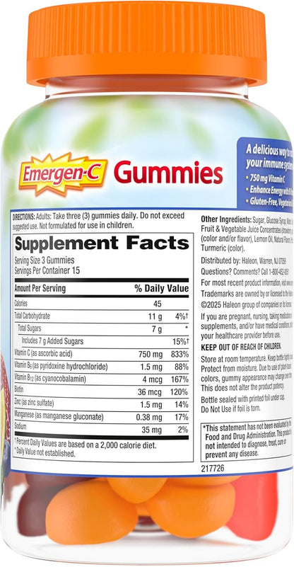 Emergen-C 750mg Vitamin C Gummies for Adults, Immune Support Gummies, Gluten Free, Strawberry, Lemon and Blueberry Flavors, Back to School Essentials - 45 Count