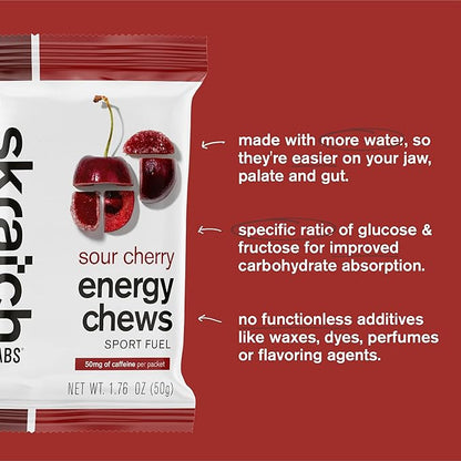 Skratch Labs Energy Chews with 50mg Caffeine | Caffeinated Gummies for Running, Cycling & Endurance Quick Carbs, Easy to Digest | Sour Cherry 10 Pack | Gluten Free, Vegan