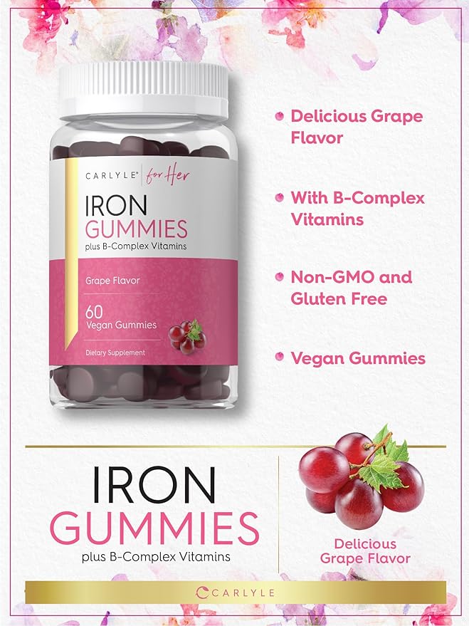 Carlyle Iron Gummies for Women | 60 Vegan Gummies | Plus B-Complex Vitamins | Grape Flavor | Non-GMO, Gluten Free Supplement