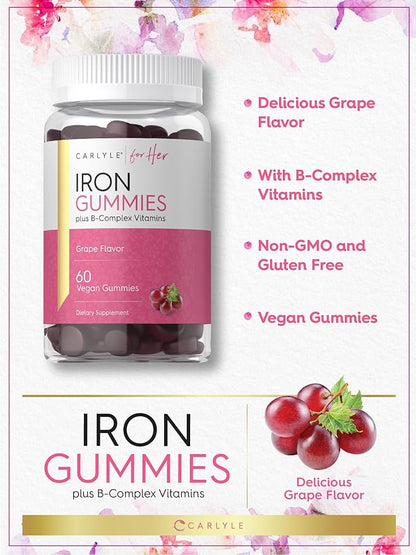 Carlyle Iron Gummies for Women | 60 Vegan Gummies | Plus B-Complex Vitamins | Grape Flavor | Non-GMO, Gluten Free Supplement