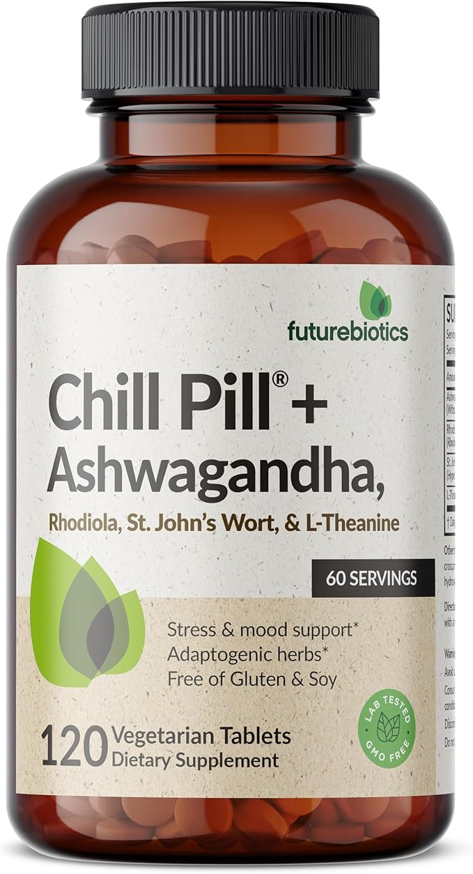 Futurebiotics Chill Pill + Ashwagandha, Rhodiola, St. John’s Wort, & L-Theanine - Non-GMO, 120 Vegetarian Tablets