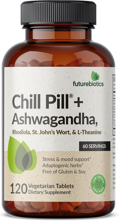 Futurebiotics Chill Pill + Ashwagandha, Rhodiola, St. John’s Wort, & L-Theanine - Non-GMO, 120 Vegetarian Tablets