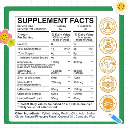 Kids Magnesium Glycinate Gummies, Magnesium for Kids & Adults, with Citrate, Zinc, Vitamin D3, B12, L-Theanine Supplement for Sleep Calm Bone & Muscle Mood, Pineapple 60ct