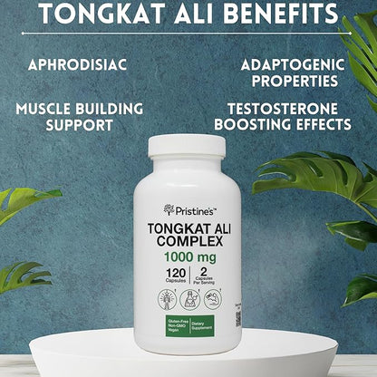 PRISTINE'S Tongkat Ali 1000mg 180 Day Supply (3 Pack) - Athletic Performance Support - Lean Mass Muscle Building Herbal Supplement for Men & Women - Vegan, Gluten Free, Non GMO