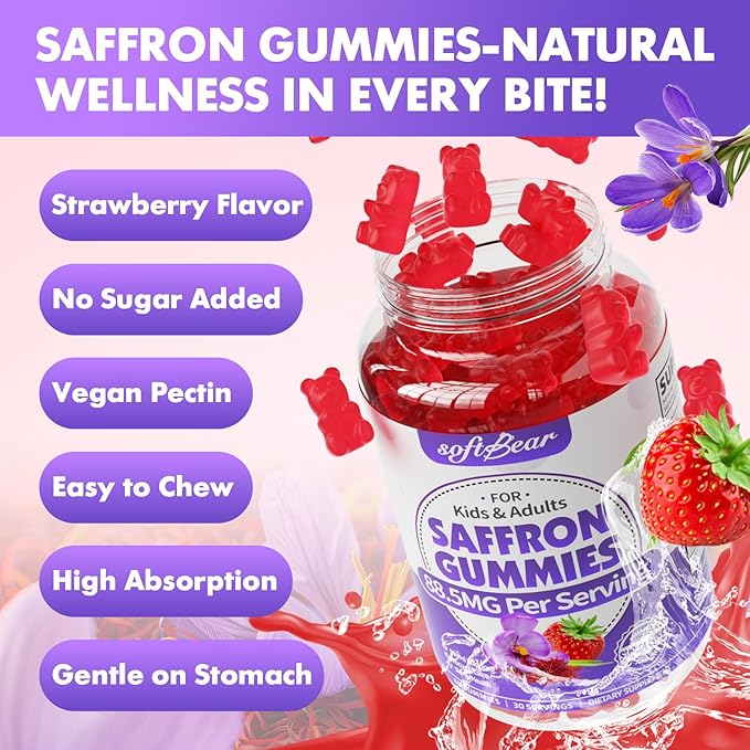 softbear Saffron Gummies for Kids & Adults, 10-in-1 Organic Saffron Supplements with 88.5mg Saffron Extract Support Calm Mind & Focus & Zzz, Sugar Free/Non-GMO, Strawberry Flavor 120 Count
