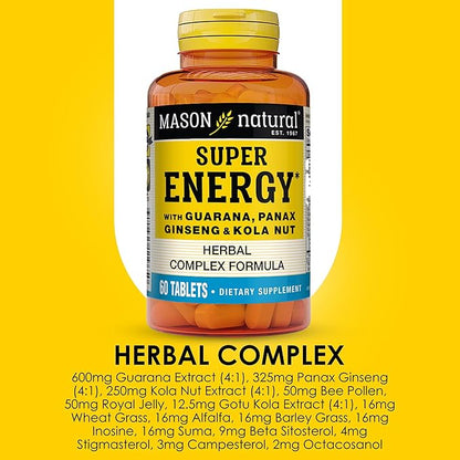 MASON NATURAL Super Energy, Made with Guarana, Panax Ginseng & Kola Nut for Optimal Performance & Energy, 30 Day Supply
