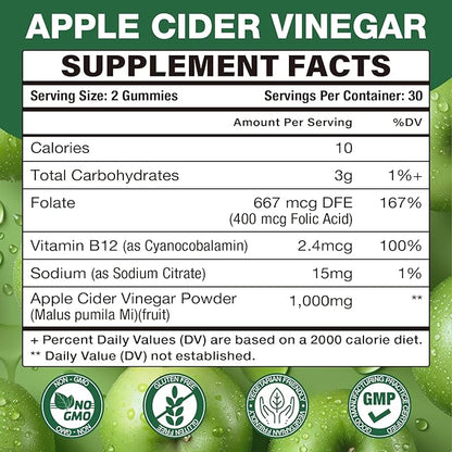 Apple Cider Vinegar Gummies, 1000mg ACV Gummies with The Mother & B12, Apple Cider Vinegar for Digestion, Metabolism, Gut & Energy Support, Immune Health, Keto-Friendly, Vegan, Non-GMO, 60 Count