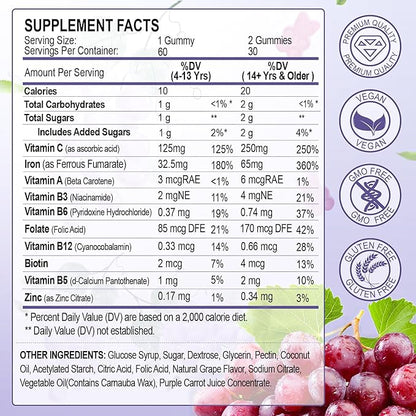 ZHPHK Iron Supplement for Women and Men, Grape Flavored Gummies 65mg and 250mg Vitamin C & Folate for Iron Deficiency and Anemia, Energy Support & Immune Health, 60 Count