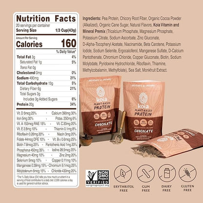 Koia Plant Based Protein Powder, Chocolate, 20g Protein, 3g Sugar, 6g Prebiotic Fiber, Pre & Post Workout, 21 Vitamins & Minerals, No Seed Oils, Dairy-Free, Gluten-Free, Non-GMO, 20 Servings, 28.2 Oz