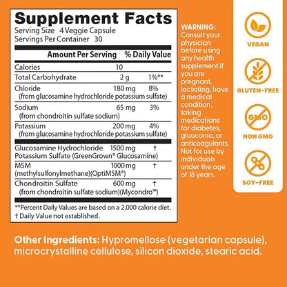 Doctor's Best Vegan Glucosamine Chondroitin MSM - Joint Health Support Supplement for Women & Men, Nutritional Support for Joint Strength, Hair, Skin, & Nails, Gluten Free, Non GMO - 120 Veg Capsules