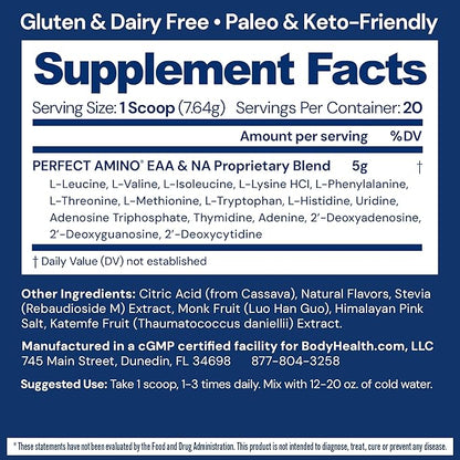 BodyHealth PerfectAmino - BCAA and EAA Powder for Pre and Post Workout - Amino Acid Energy Drink for Men and Women to Support Lean Muscle and Recovery - Lemon Lime - 20 Servings