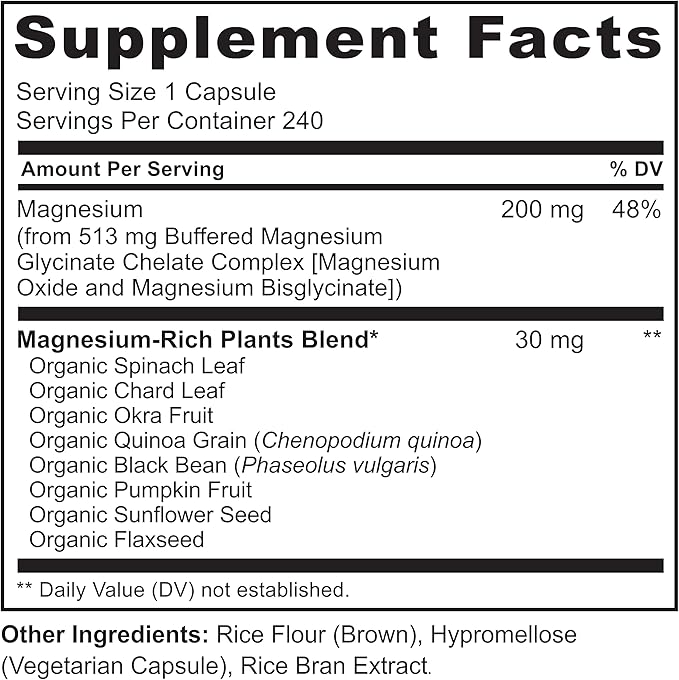 NATURELO Magnesium Glycinate Chelate Complex - 200 mg Magnesium with Organic Vegetables to Support Sleep, Calm, Muscle Cramp & Stress Relief - Gluten Free, Non GMO - 240 Capsules