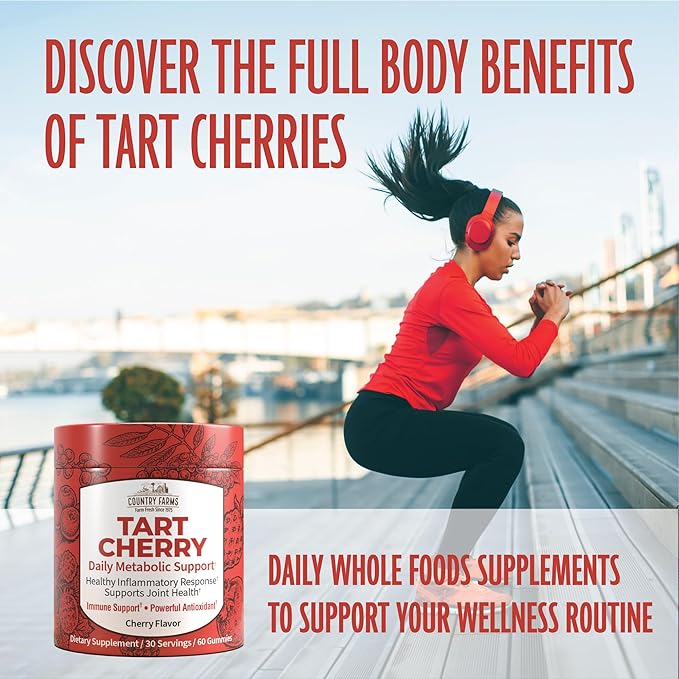 Country Farms Tart Cherry Gummies, Dialy Metabolic Support, Supports Bone Health, Packed with Potent Antioxidants, Cherry Flavor, 60 Gummies
