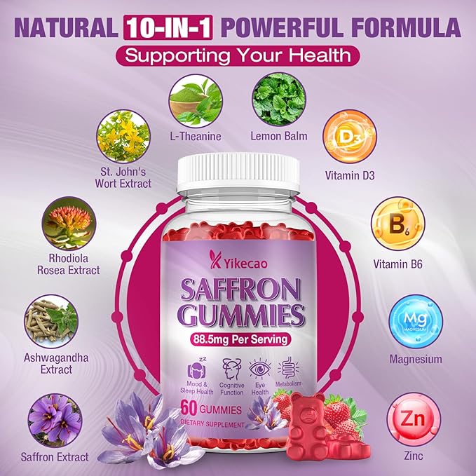 Saffron Supplements Gummies, 88.5mg Extract with Vitamin D3, B6, Magnesium, Ashwagandha, L-Theanine, Sugar-Free, Strawberry Flavor, 60 Count