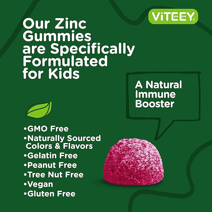 Viteey Zinc for Kids Gummies 15mg - Immune Support for Kids & Teens - Powerful Natural Antioxidant, Kids Zinc Vitamin Supplement - Vegan, Gelatin Free, Gluten Free - Tasty Chewable Berry Flavor Gummy