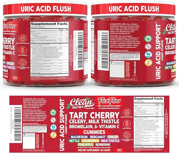 Clean Nutra Tart Cherry Gummies Uric Acid Flush Celery Milk Thistle Bromelain Vitamin C Magnesium Citrus Bergamot Ginger Stinging Nettle Leaf Chamomile Berberine Quercetin Support 60 Gummy Vitamins