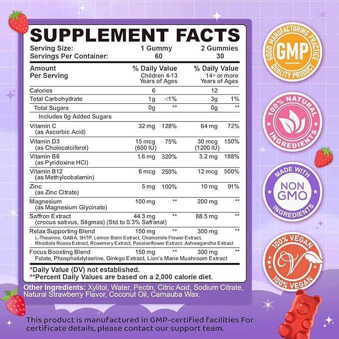Saffron Gummies for Kids & Adults, 20-in-1 Saffron Supplements with 88.5mg Saffron Extract, B6, B12, C, D3, Magnesium for Calm, Focus, Nerve, Sugar Free, Vegan, Non-GMO - Strawberry Flavor, 60 Counts