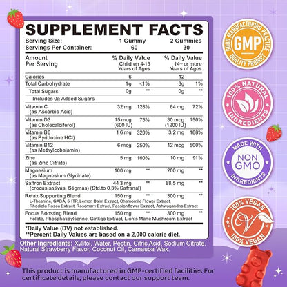 Saffron Gummies for Kids & Adults, 20-in-1 Saffron Supplements with 88.5mg Saffron Extract, B6, B12, C, D3, Magnesium for Calm, Focus, Nerve, Sugar Free, Vegan, Non-GMO - Strawberry Flavor, 60 Counts