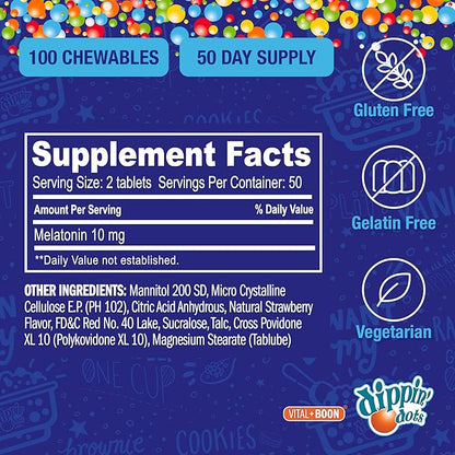 Dippin' Dots Chewable Melatonin 10mg – Melatonin 10 mg Tablets for Adults – Sugar Free – Strawberry Sunset Creme Flavor – Restful Sleep Support Supplement – Kosher, Gluten Free, Vegetarian (100 Count)