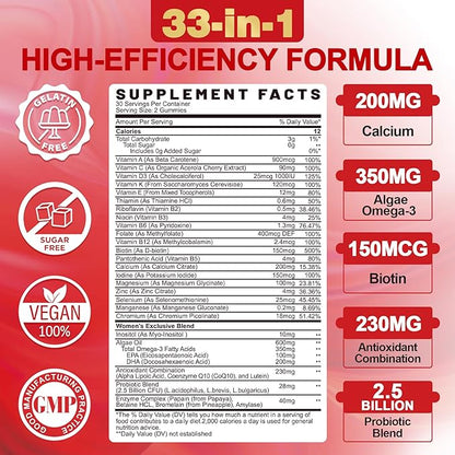 Sugar-Free Women's Multivitamin Gummies - Women Methylated Multivitamin Filled Gummies with Omega-3, Enzymes & Antioxidant Blend to Support Overall Health, Immunity, Hair, Nails & Skin Health - 60 ct