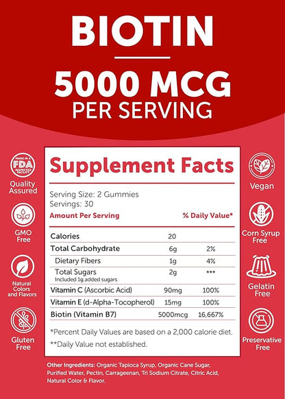Lunakai USA Made Biotin Gummies 5000mcg with Vitamin C & E - Delicious Hair Skin Nails Vitamins for Women, Non-GMO, Hair Growth Supplement - 6 Pack