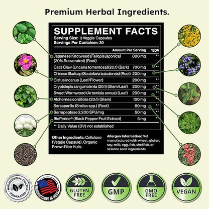 Zenmen Tick Immune Support 180 Vegan Capsules, 2 Bottles - Improved Formula - Japanese Knotweed, Cat's Claw, Chinese Skullcap, Cryptolepis Sanguinolenta, Sweet Wormwood - Made in The USA