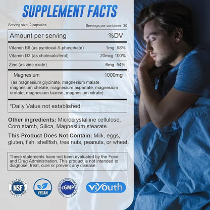 Magnesium 7 Complex Supplement Advanced with Glycinate Citrate Malate Chelate Taurate Orotate Aspartate, Capsules with Zinc, Vitamin D3 & B6 for Sleep, Muscle Relief, 60 Capsules