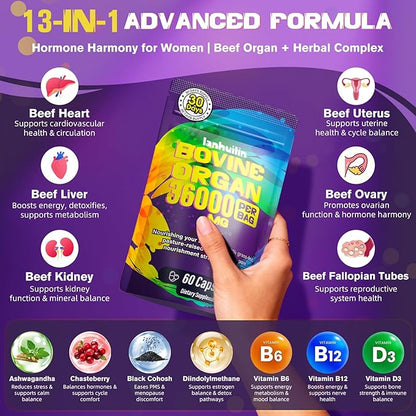 Beef Organ Supplement for Women - 100% Grass Fed Beef Organs with Bovine Liver, Ovary, Uterus, Kidney, Heart & Fallopian Tubes - PMS, Menopause & Energy, Immune & Mood Support, 60 Count