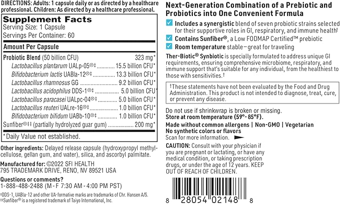 Klaire Labs SFI Health Ther-Biotic Synbiotic - Prebiotics and Probiotics for Women & Men - 50 Billion CFU Probiotic Capsules with Sunfiber - Digestive Health and Immune Support (60 ct)
