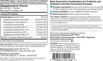 Klaire Labs SFI Health Ther-Biotic Synbiotic - Prebiotics and Probiotics for Women & Men - 50 Billion CFU Probiotic Capsules with Sunfiber - Digestive Health and Immune Support (60 ct)