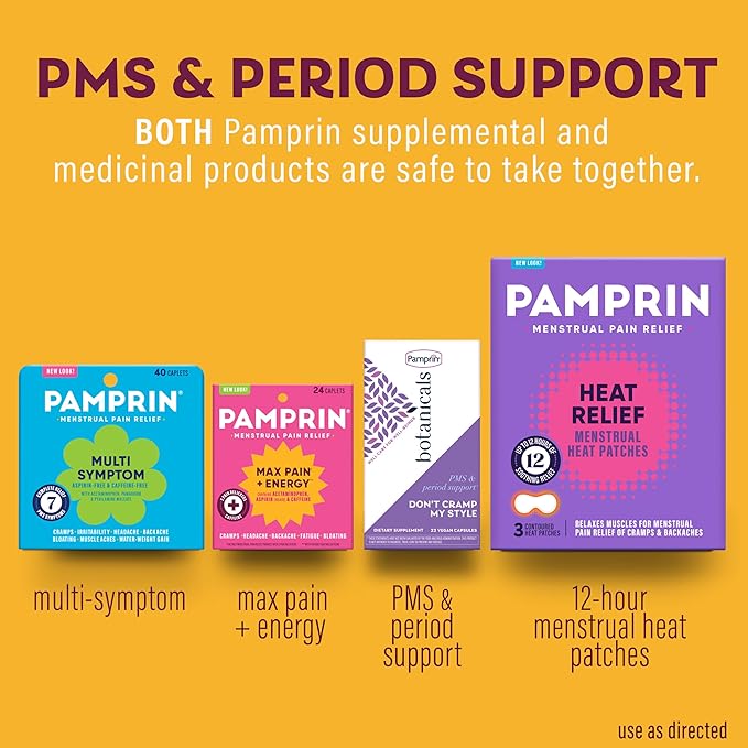Pamprin Maximum Strength Max Pain and Energy Formula, Menstrual Period Symptoms Relief for Cramps, Bloating and Fatigue, 24 Caplets
