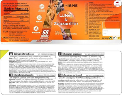 Lutein Gummies (60 Gums). Gummies for Eyes with Lutein (28.5 mg), Zeaxanthin and Vitamin A (30 Day Pack), Orange Flavor, Vegan, Non-GMO, Gluten-Free, Supports Eye Health
