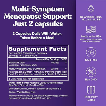 Premium Menopause Supplement for Women – Menopause Balance with Shatavari, Ashwagandha, L-Theanine & Holy Basil – Holistic Multi-Symptom Menopause Support & Hot Flash Relief – 60 Vegetarian Capsules