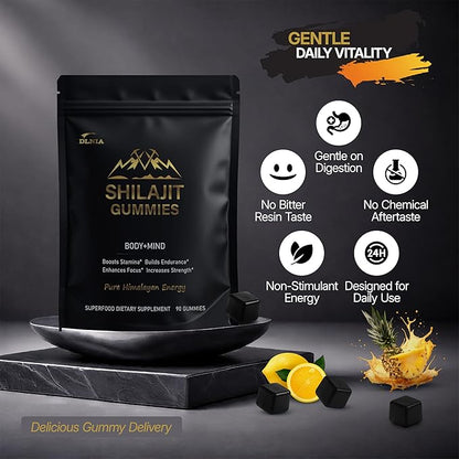 DLNIA 13-in-1 Shilajit Gummies with KSM-66® Ashwagandha | 4000 mg Himalayan Shilajit Extract (20:1), Choline & Botanicals | Sugar-Free, Vegan | Energy, Focus & Daily Vitality Support for Men & Women