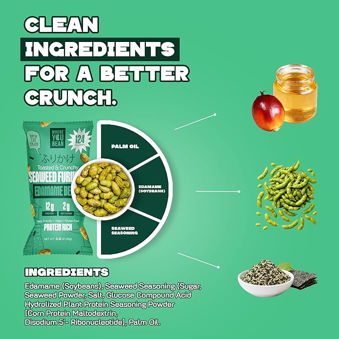 Where You Bean Edamame Beans Snack (Seaweed Furikake) - Crunchy and Dry Roasted Edamame Beans - High Protein Snacks, Keto and Vegan Healthy Snacks for Adults & Low Carb Asian Snack 0.9 oz (Pack of 8)