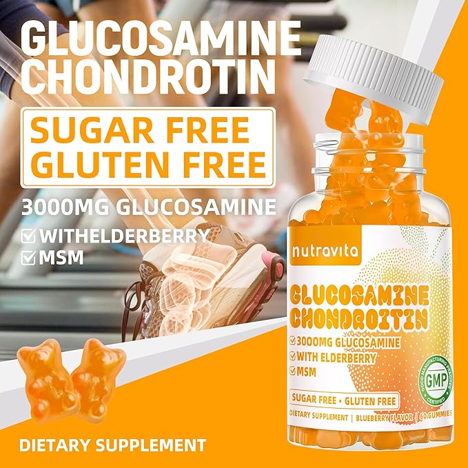 Nutravita Glucosamine Chondroitin Gummies with MSM & Elderberry Extra Strength - Joint Support, Antioxidant Immune Support Supplement for Adults, Men & Women.60 Orange Chews