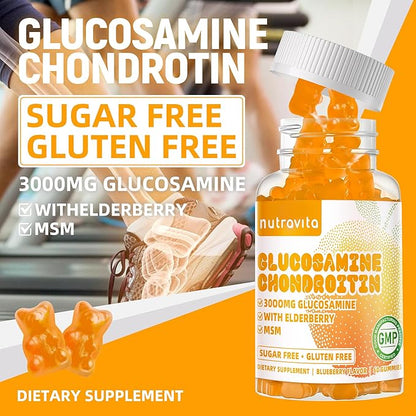Nutravita Glucosamine Chondroitin Gummies with MSM & Elderberry Extra Strength - Joint Support, Antioxidant Immune Support Supplement for Adults, Men & Women.60 Orange Chews
