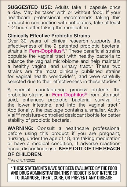 Jarrow Formulas Fem-Dophilus Vaginal Probiotics 1 Billion CFU with 2 Science-Backed Strains, Dietary Supplement for Vaginal & Urinary Tract Support, 30 Capsules, Up to a 30 Day Supply, Shelf-Stable