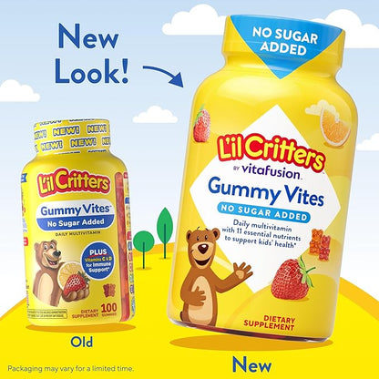 L’il Critters Gummy Vites No Sugar Added Daily Gummy Multivitamin for Ages 2+ Toddlers & Kids, Vitamin C, D3 for Immune, Strawberry and Orange Flavors, 100 Gummies