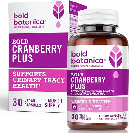 Bold Cranberry Plus Capsules - 100% Soluble 36mg PACs - Cranberry Pills for Women & Men with Urinary Tract Support, Non-GMO Vitamin C — 30 Vegan Capsules, 1 Month Supply