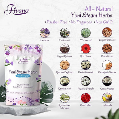 Fivona 3-in-1 Yoni Steam Kit - Bundle of V Steaming Herbs Blue Moon Recipe 1.76 Ounces (2-4 Steams) with Expandable V-Steam Seat and Hand Flusher for Detox, Cleansing, pH Balance and Odor Control