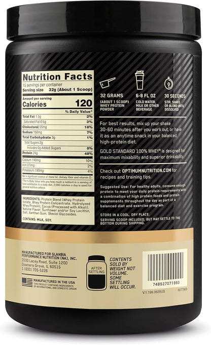 Optimum Nutrition Gold Standard 100% Whey Protein Powder, Naturally Flavored Chocolate, 15 Servings (Packaging May Vary)