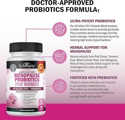 Menopause Supplements for Women - 40 Billion CFU Menopause Probiotics for Women - Support for Hot Flashes Night Sweats Mood Swings and Balance - Non-GMO, 60 Easy-Swallow Capsules, 60 Servings