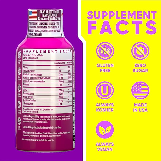 Vitamin Energy B12 11,000% Extra Strength Energy Shot Pink Berry 24 Pack, 260mg Natural Caffeine, B12 & B6, Nootropic Focus, Vitality, Zero Sugar, Gluten-Free, Vegan, Kosher, 1.93 fl oz
