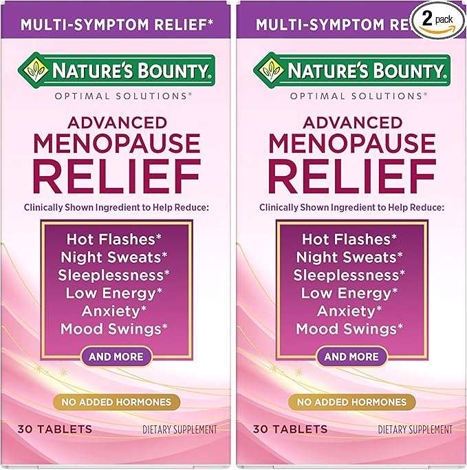 Nature's Bounty Optimal Solutions Advanced Menopause Relief, Menopause Supplement for Women Featuring Siberian Rhubarb, Hotflash Relief, No Added Hormones, Drug-Free, 30 Tablets, 30 Total Servings