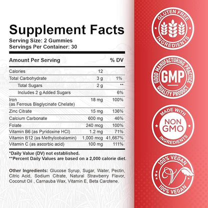 Iron Gummies - with Calcium, Zinc, Folate & Vitamin B12, C, B6 for Adults & Kids - Blood Builder & Energy Support for Iron Deficiency, Anemia, Vegan - 2 Pack Strawberry Flavour,60 Gummies