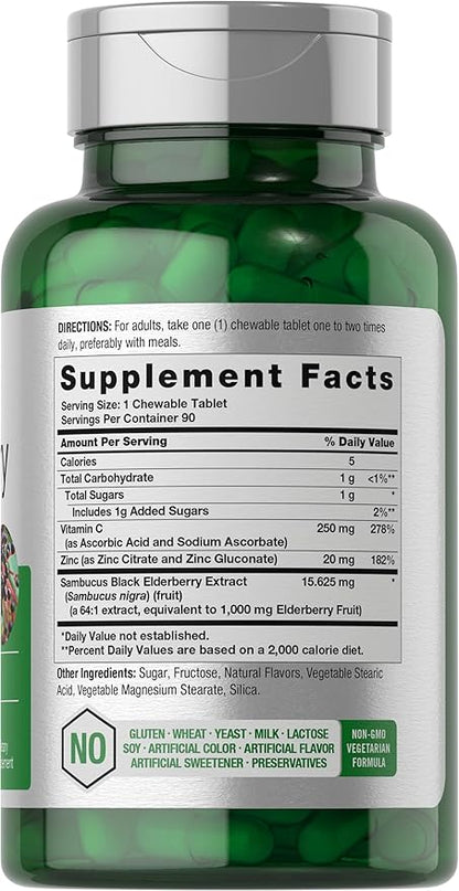 Horbaach Black Elderberry with Vitamin C and Zinc | 90 Chewable Tablets | Mixed Berry Flavor | Immune Support Complex | Vegetarian, Non-GMO, and Gluten Free Supplement