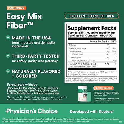 Physician's CHOICE Easy Mix Fiber for Digestive Health & Regularity - No Grit - Daily Prebiotic Soluble Fiber Powder Supplement for Women and Men - Peach Mango - 30 Servings