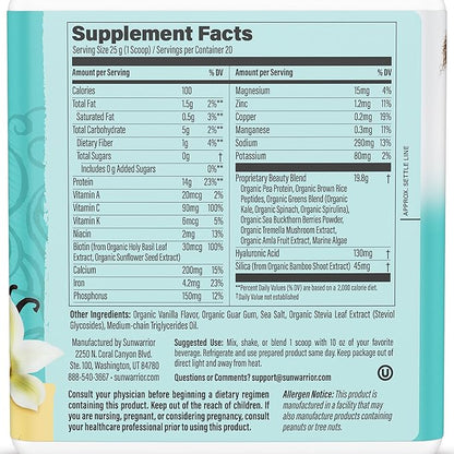 Vegan Collagen Protein Powder Plant-based | Hyaluronic Acid Minerals Biotin Soy Free Dairy Free Gluten Free NON-GMO | Vanilla 20 Servings | Collagen Building Peptides by Sunwarrior
